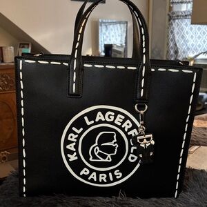 Karl Lagerfeld Black Textured Leather Bag Medium. Strap not included